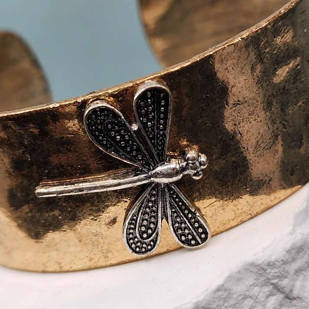 Antiqued Gold Tone Wide Cuff Bracelet Silver Tone Dragonfly Motif Boho Statement